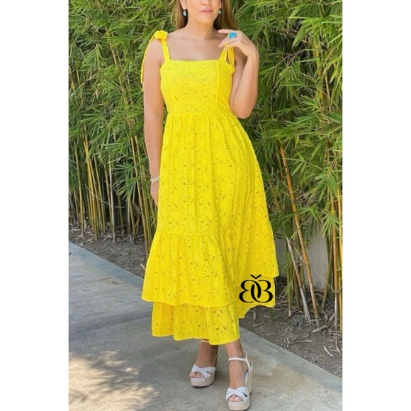Flying Tomato Sunny Yellow Floral Eyelet Double Ruffle Maxi Dress - Picture 4 of 13